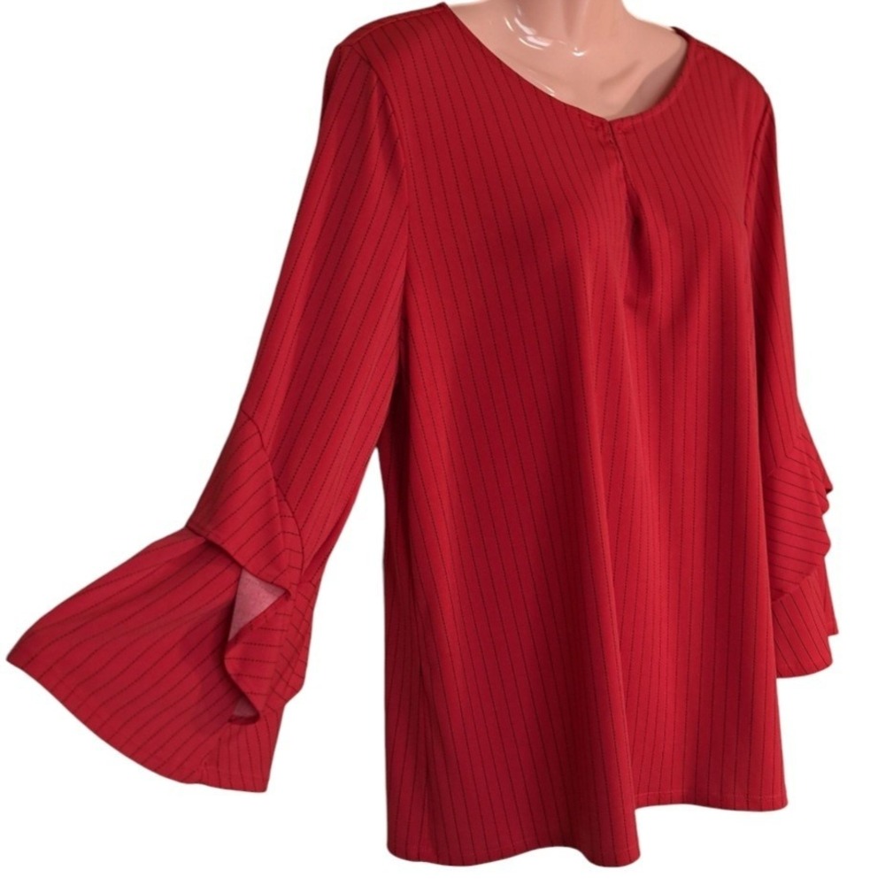 Liz Claiborne Women's Blpuse/Tunic L Vneck 3/4‎ Bell Sleeves Red Pinstripes